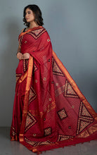 Gujarati Stitch Hand Work on Soft Mangalagiri Cotton Woven Gold Checks Saree in Rust Brown, Beige and Black Thread Work