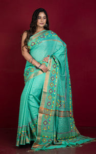 Lambani Hand Work on Soft Mangalagiri Cotton Woven Gold Checks Saree in Seafoam Green and Multicolored Thread Work 