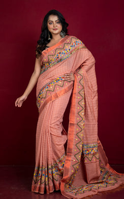 Lambani Hand Work on Soft Mangalagiri Cotton Woven Gold Checks Saree in Pink Orange and Multicolored Thread Work