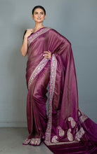Brocade Mashru Katan Banarasi Silk Saree with Paisley Machine Embroidery in Grape Purple, Off White and Antique Gold
