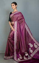 Brocade Mashru Katan Banarasi Silk Saree with Paisley Machine Embroidery in Grape Purple, Off White and Antique Gold