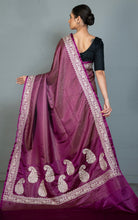 Brocade Mashru Katan Banarasi Silk Saree with Paisley Machine Embroidery in Grape Purple, Off White and Antique Gold
