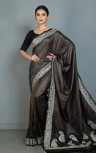 Brocade Mashru Katan Banarasi Silk Saree with Paisley Machine Embroidery in Black, Off White and Antique Gold