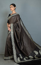 Brocade Mashru Katan Banarasi Silk Saree with Paisley Machine Embroidery in Black, Off White and Antique Gold