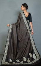 Brocade Mashru Katan Banarasi Silk Saree with Paisley Machine Embroidery in Black, Off White and Antique Gold