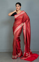 Brocade Mashru Katan Banarasi Silk Saree with Paisley Machine Embroidery in Red, Off White and Antique Gold