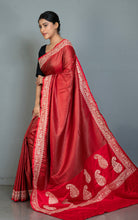 Brocade Mashru Katan Banarasi Silk Saree with Paisley Machine Embroidery in Red, Off White and Antique Gold