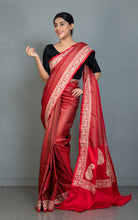 Brocade Mashru Katan Banarasi Silk Saree with Paisley Machine Embroidery in Red, Off White and Antique Gold