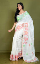 Premium Quality Woven Needle Karat Nakshi Work Pure Matka Silk Jamdani Saree in Off White, Red, Green and Antique Golden