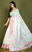 Premium Quality Woven Needle Karat Nakshi Work Pure Matka Silk Jamdani Saree in Off White, Red, Green and Antique Golden