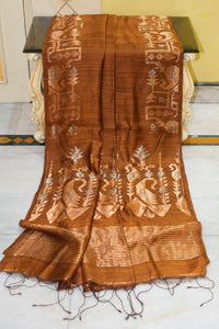 Premium Quality Double Warp Pure Matka Silk Jamdani Saree in Raw Umber, Antique Gold and Antique Silver