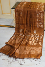 Premium Quality Double Warp Pure Matka Silk Jamdani Saree in Raw Umber, Antique Gold and Antique Silver