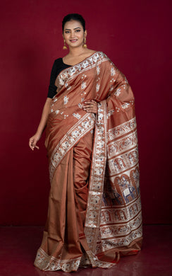 Handwoven Minakari Baluchari Pure Silk Saree in Old Brick, Beige and Dark Blue