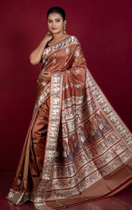 Handwoven Minakari Baluchari Pure Silk Saree in Old Brick, Beige and Dark Blue