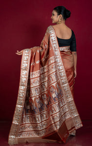 Handwoven Minakari Baluchari Pure Silk Saree in Old Brick, Beige and Dark Blue