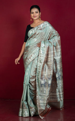 Handwoven Minakari Baluchari Pure Silk Saree in Nebula Green with Brownish Tinge, Dark Blue and Matte White