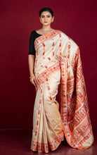 Handwoven Minakari Baluchari Pure Silk Saree in Beige, Burnt Orange and Navy Blue