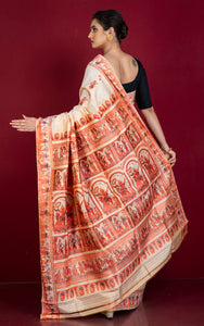 Handwoven Minakari Baluchari Pure Silk Saree in Beige, Burnt Orange and Navy Blue