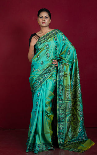 Handwoven Minakari Baluchari Pure Silk Saree in Sea Green with Golden Yellow Tinge, Black and White