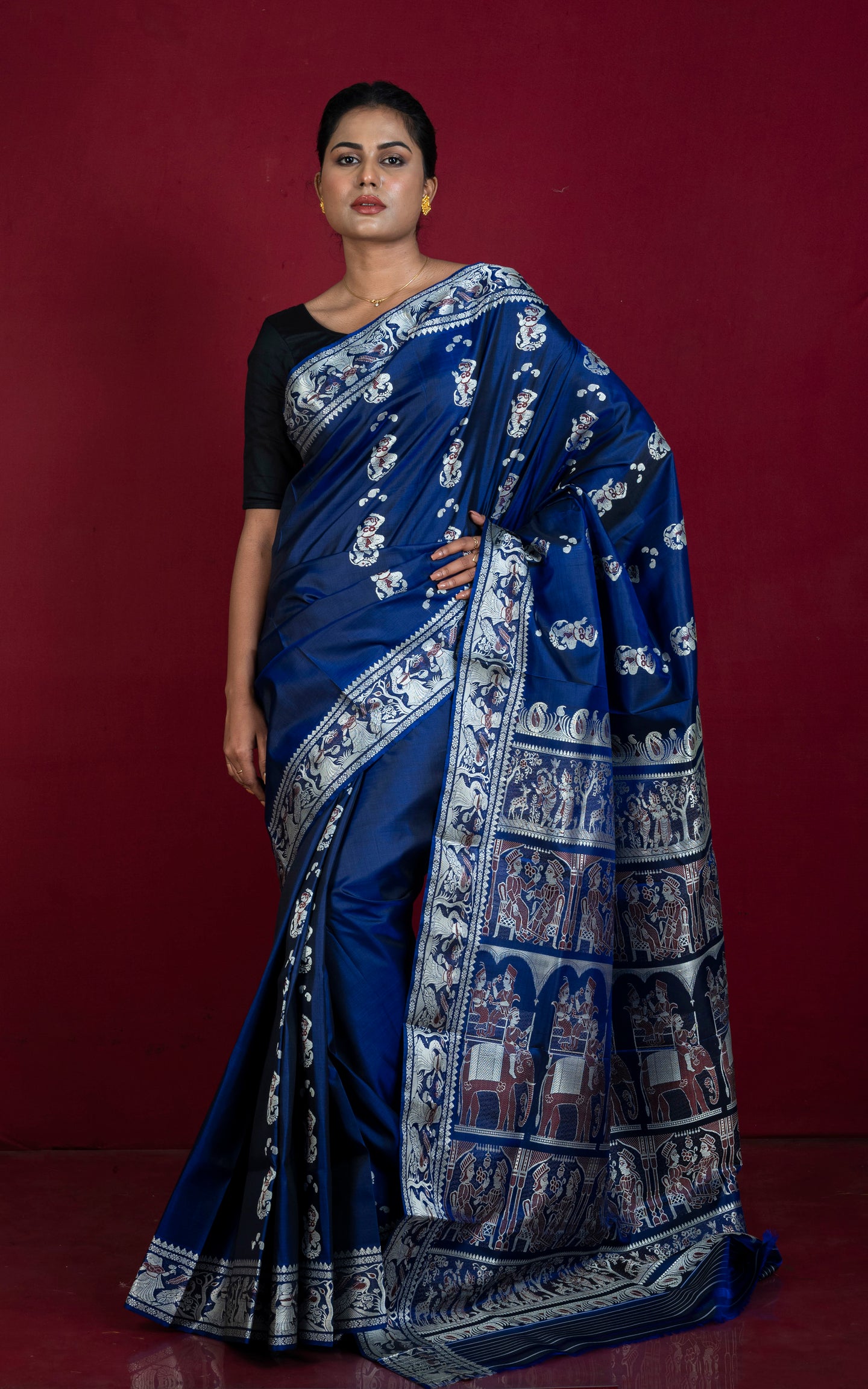 Handwoven Minakari Baluchari Pure Silk Saree in Prussian Blue, Beige and Garnet