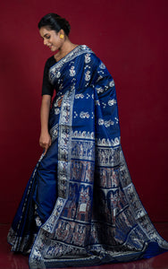 Handwoven Minakari Baluchari Pure Silk Saree in Prussian Blue, Beige and Garnet