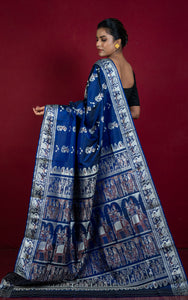 Handwoven Minakari Baluchari Pure Silk Saree in Prussian Blue, Beige and Garnet