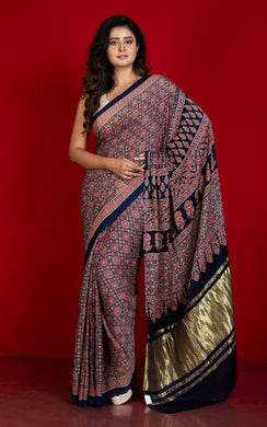 Designer Ajrakh on Modal Silk Saree in Black Rustic Red and Off White