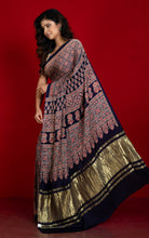 Designer Ajrakh on Modal Silk Saree in Black Rustic Red and Off White
