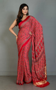Designer Ajrakh on Modal Silk Saree in Venetian Red, Black and Red