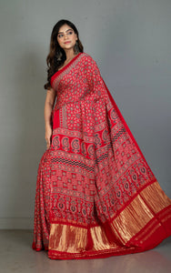 Designer Ajrakh on Modal Silk Saree in Venetian Red, Black and Red