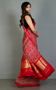 Designer Ajrakh on Modal Silk Saree in Venetian Red, Black and Red