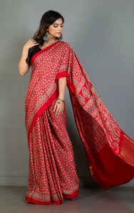 Designer Ajrakh on Modal Silk Saree in Venetian Red, Black and Red