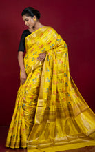 Handwoven Pure Moonga Tussar Banarasi Silk Saree in Yellow, Antique Golden and Multicolored