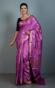 Handwoven Pure Moonga Tussar Banarasi Silk Saree in Purple, Antique Golden and Multicolored