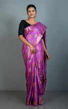 Handwoven Pure Moonga Tussar Banarasi Silk Saree in Purple, Antique Golden and Multicolored