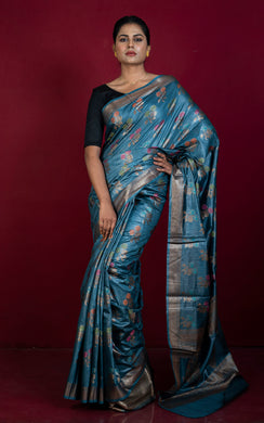 Handwoven Pure Moonga Tussar Banarasi Silk Saree in Chyrsler Astal Blue, Antique Golden and Multicolored