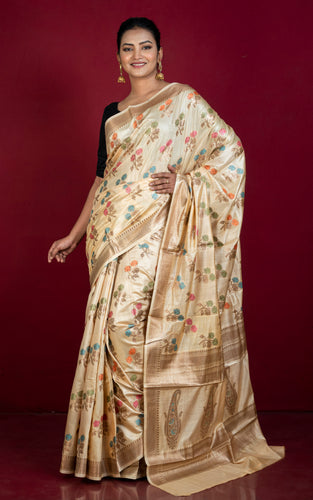 Handwoven Pure Moonga Tussar Banarasi Silk Saree in Parmesan Cheese, Antique Golden and Multicolored