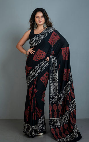 Chunapatti Block Printed Soft Mulmul Pure Cotton Saree in Solid Black, Off White and Brown