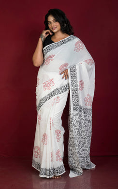 Chunapatti Block Printed Soft Mulmul Pure Cotton Saree in Off White, Black and Red