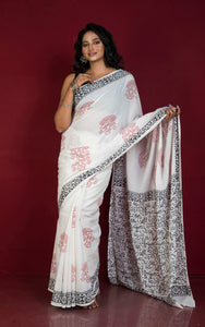 Chunapatti Block Printed Soft Mulmul Pure Cotton Saree in Off White, Black and Red