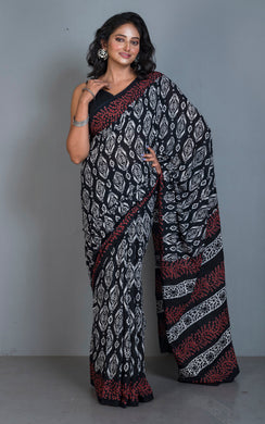 Chunapatti Block Printed Soft Mulmul Pure Cotton Saree in Black, Off White and Brown