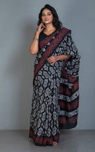 Chunapatti Block Printed Soft Mulmul Pure Cotton Saree in Black, Off White and Brown