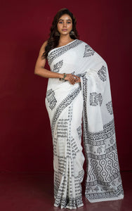 Chunapatti Block Printed Soft Mulmul Pure Cotton Saree in Off White and Black