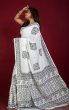 Chunapatti Block Printed Soft Mulmul Pure Cotton Saree in Off White and Black