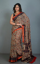 Gurjari Printed Soft Mulmul Pure Cotton Saree in Beige, Black, Navy Blue and Rust Brown