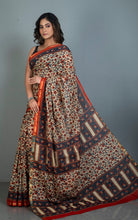 Gurjari Printed Soft Mulmul Pure Cotton Saree in Beige, Black, Navy Blue and Rust Brown