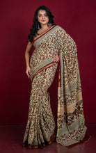 Gurjari Printed Soft Mulmul Pure Cotton Saree in Beige, Black, Chocolate Brown and Dark Green