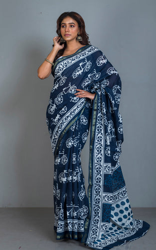 Indigo Block Printed Soft Mulmul Pure Cotton Saree in Indigo Blue and Off White