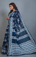 Indigo Block Printed Soft Mulmul Pure Cotton Saree in Indigo Blue and Off White