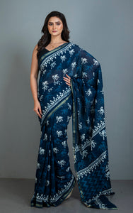 Indigo Block Printed Soft Mulmul Pure Cotton Saree in Dark Indigo Blue and Off White